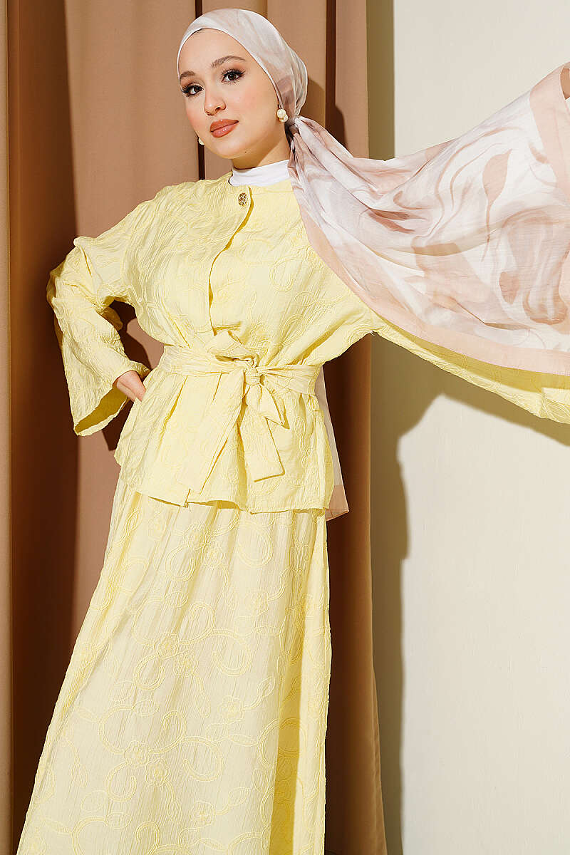 Belted Skirt Set with Floral Stitching - Yellow