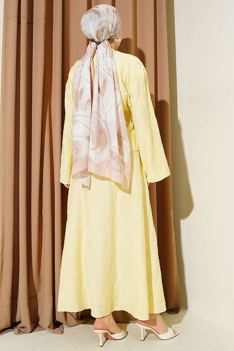 Belted Skirt Set with Floral Stitching - Yellow