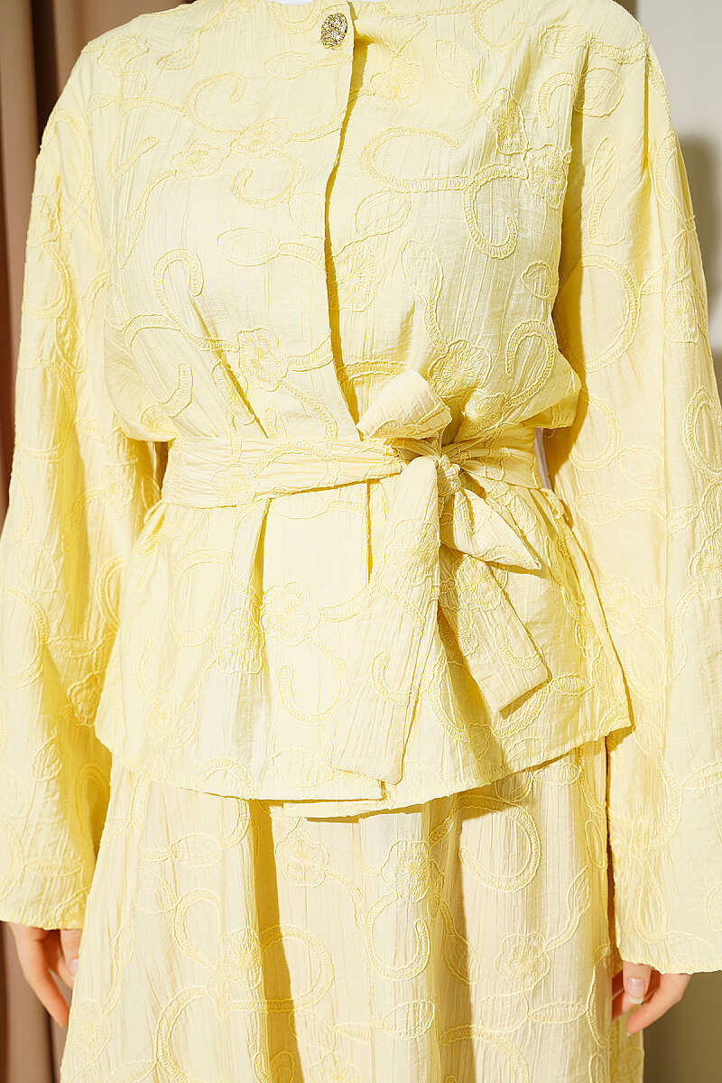 Belted Skirt Set with Floral Stitching - Yellow