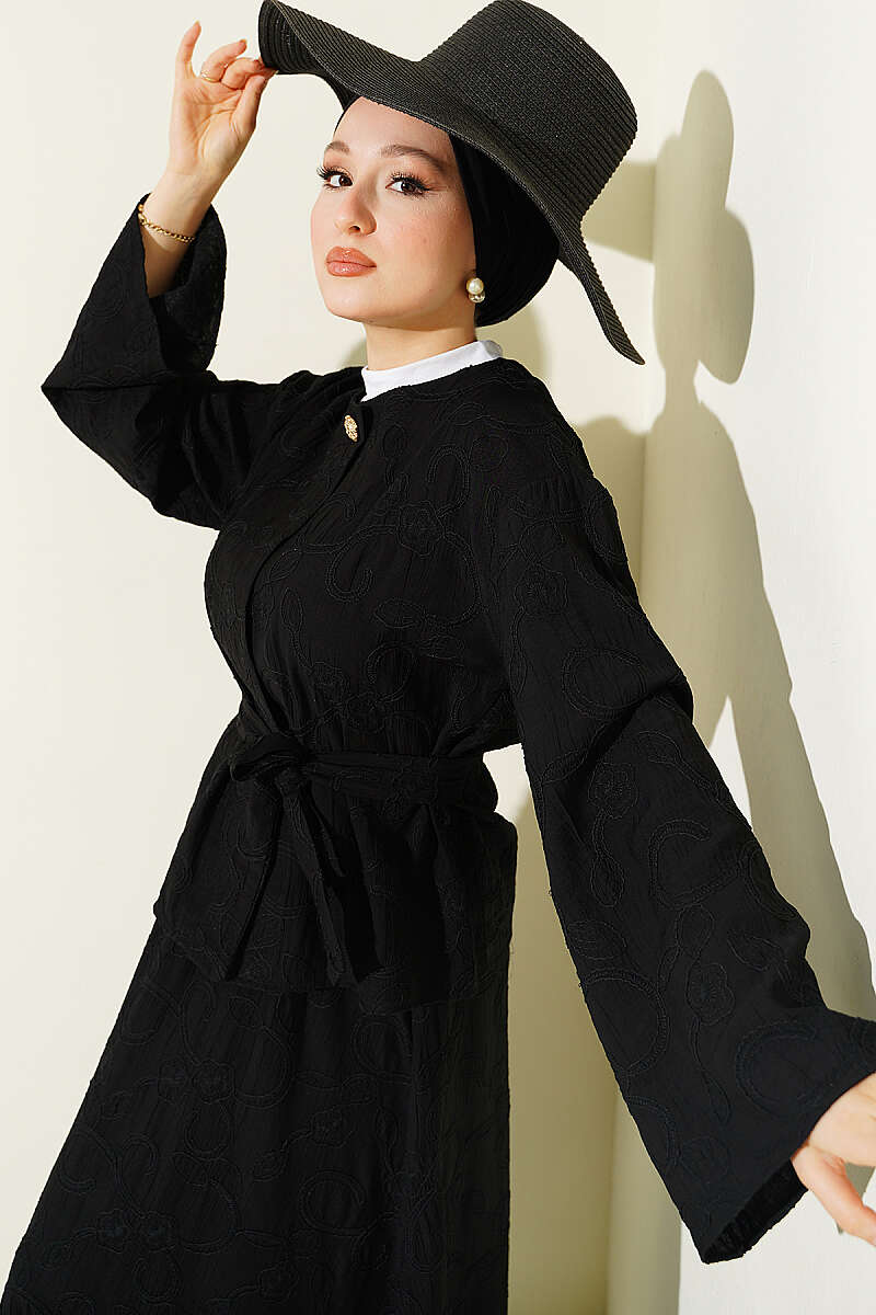 Belted Skirt Set with Floral Stitching - Black
