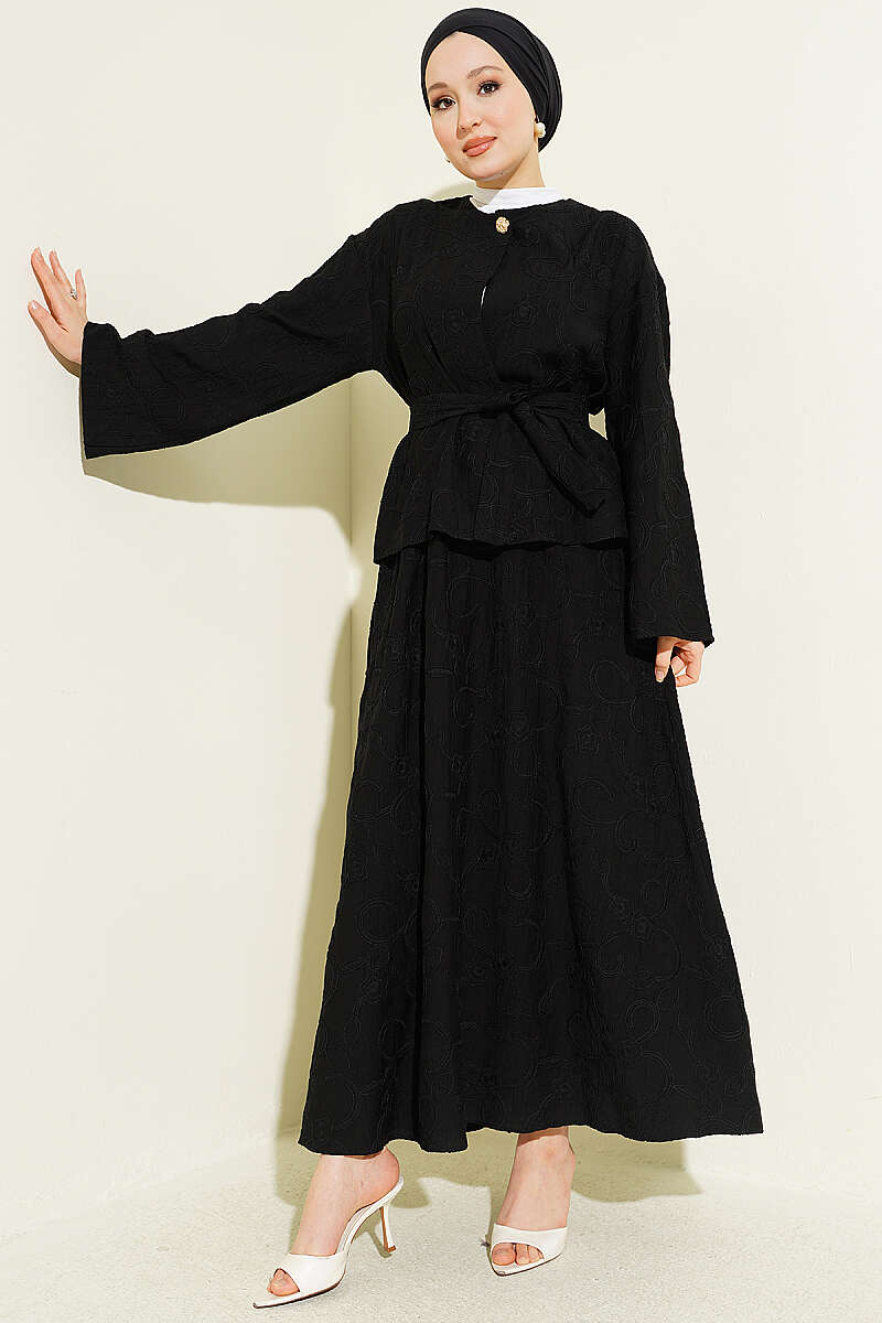 Belted Skirt Set with Floral Stitching - Black