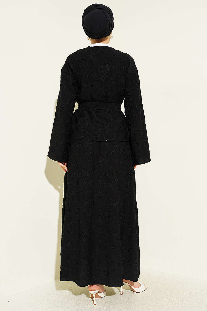 Belted Skirt Set with Floral Stitching - Black