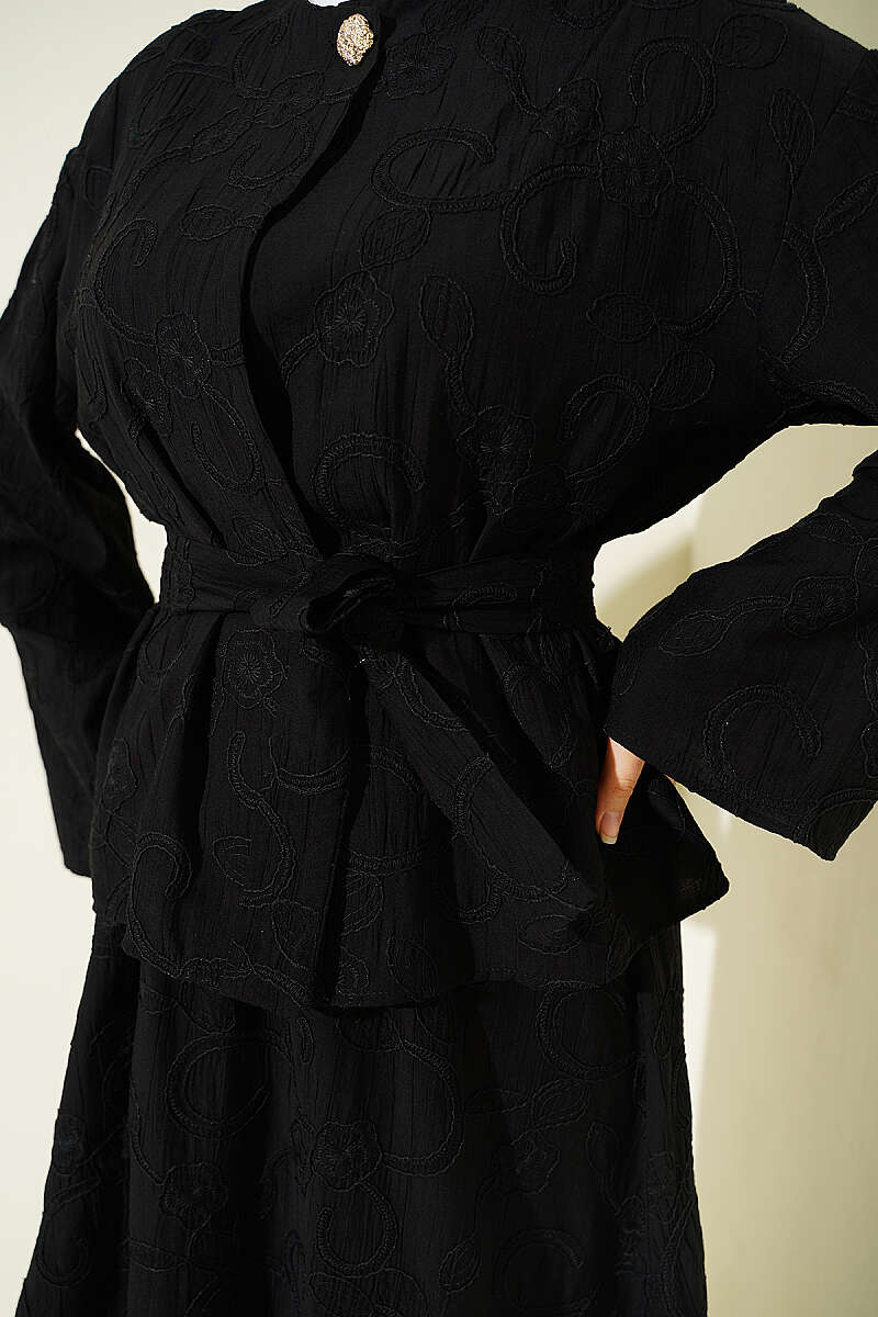 Belted Skirt Set with Floral Stitching - Black