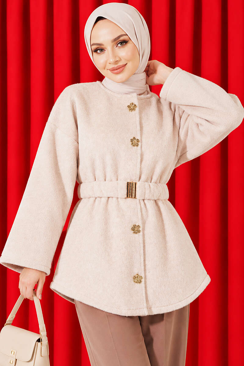 Faux Fur Coat with Flower Buttons - Beige
