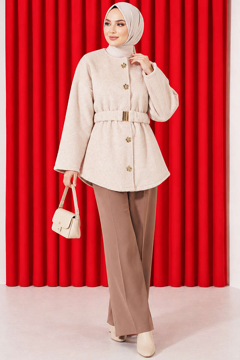 Faux Fur Coat with Flower Buttons - Beige