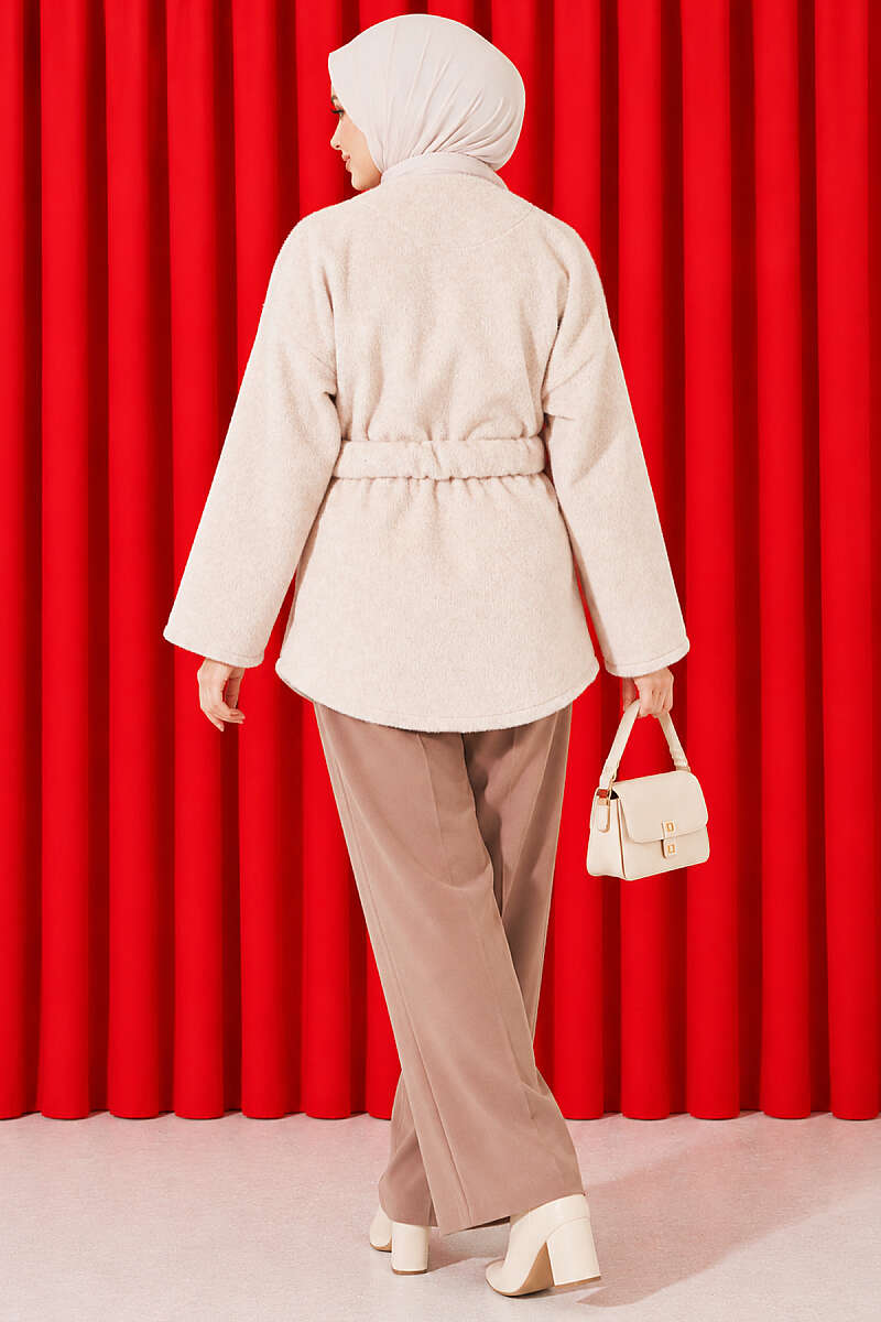Faux Fur Coat with Flower Buttons - Beige