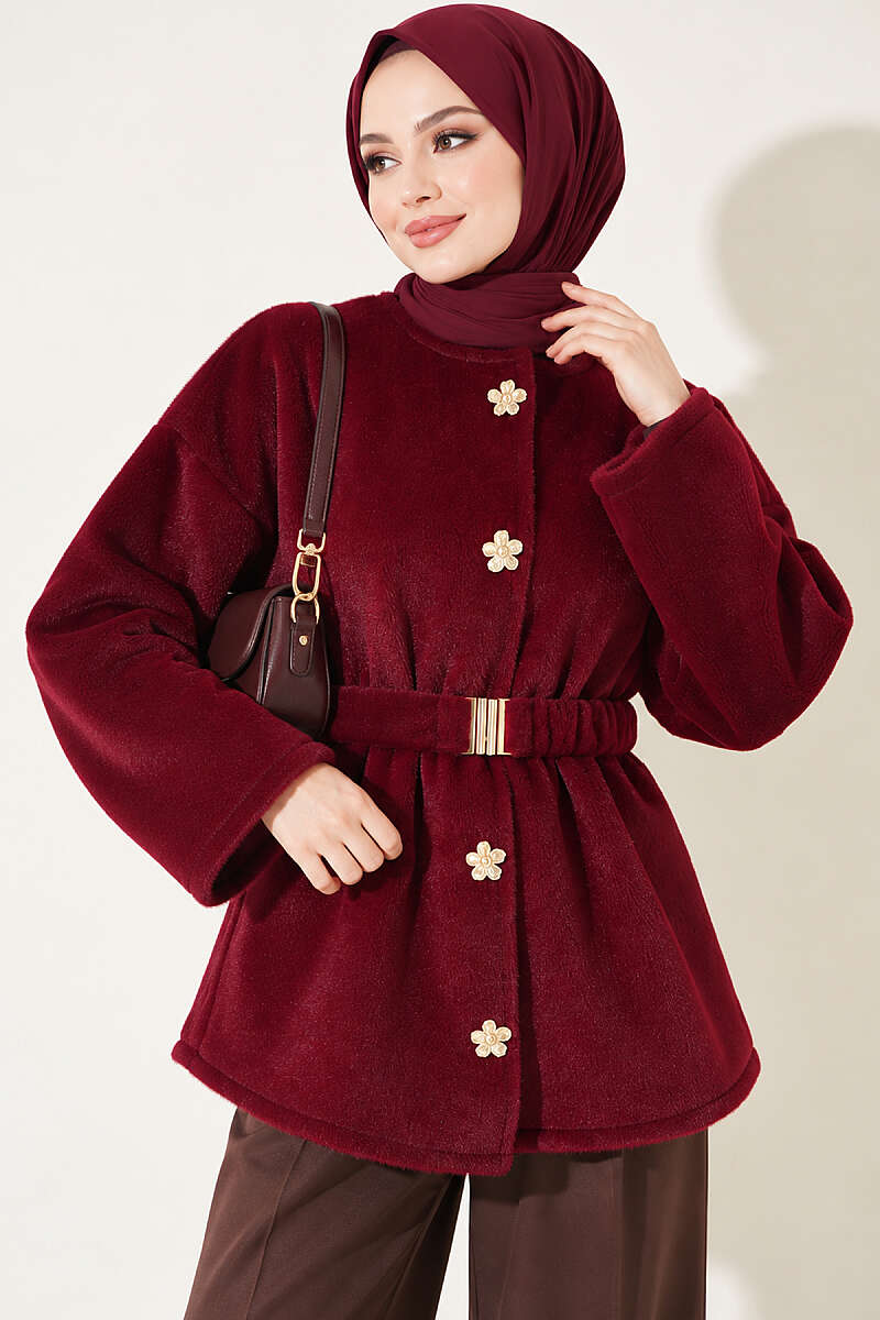 Faux Fur Coat with Flower Buttons - Burgundy
