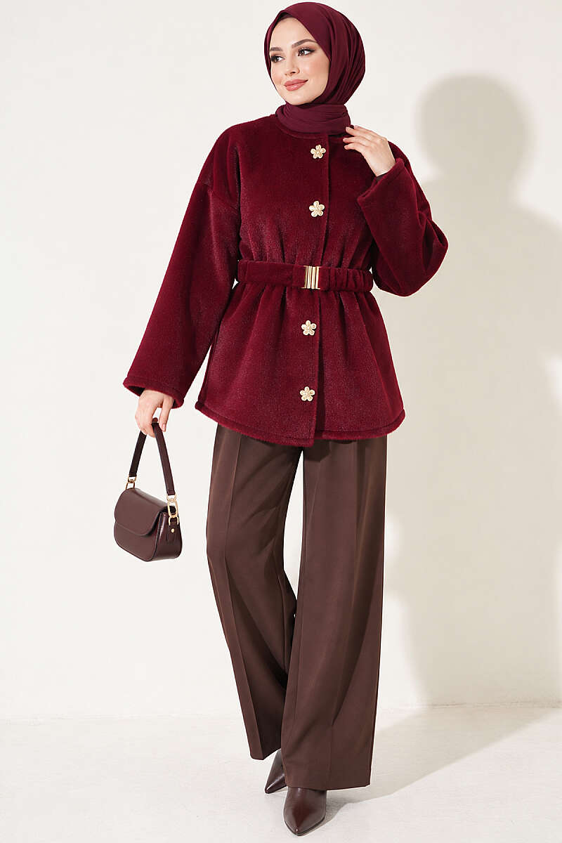 Faux Fur Coat with Flower Buttons - Burgundy
