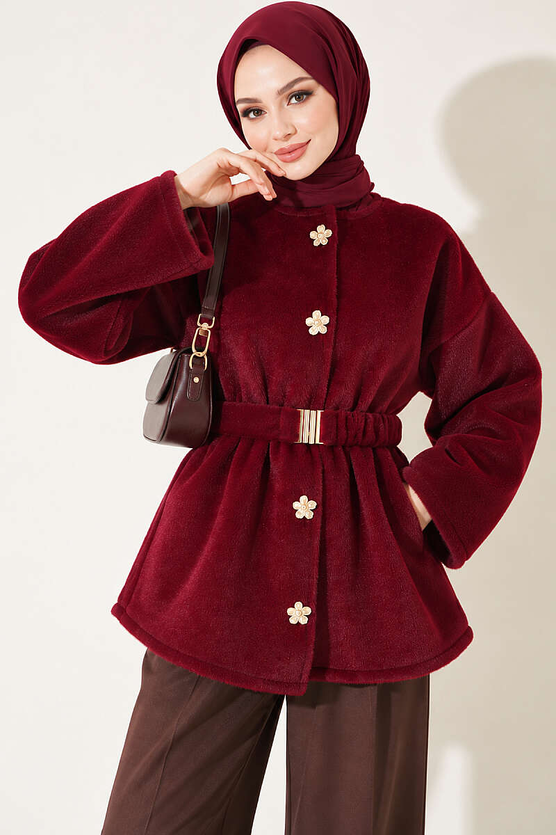 Faux Fur Coat with Flower Buttons - Burgundy