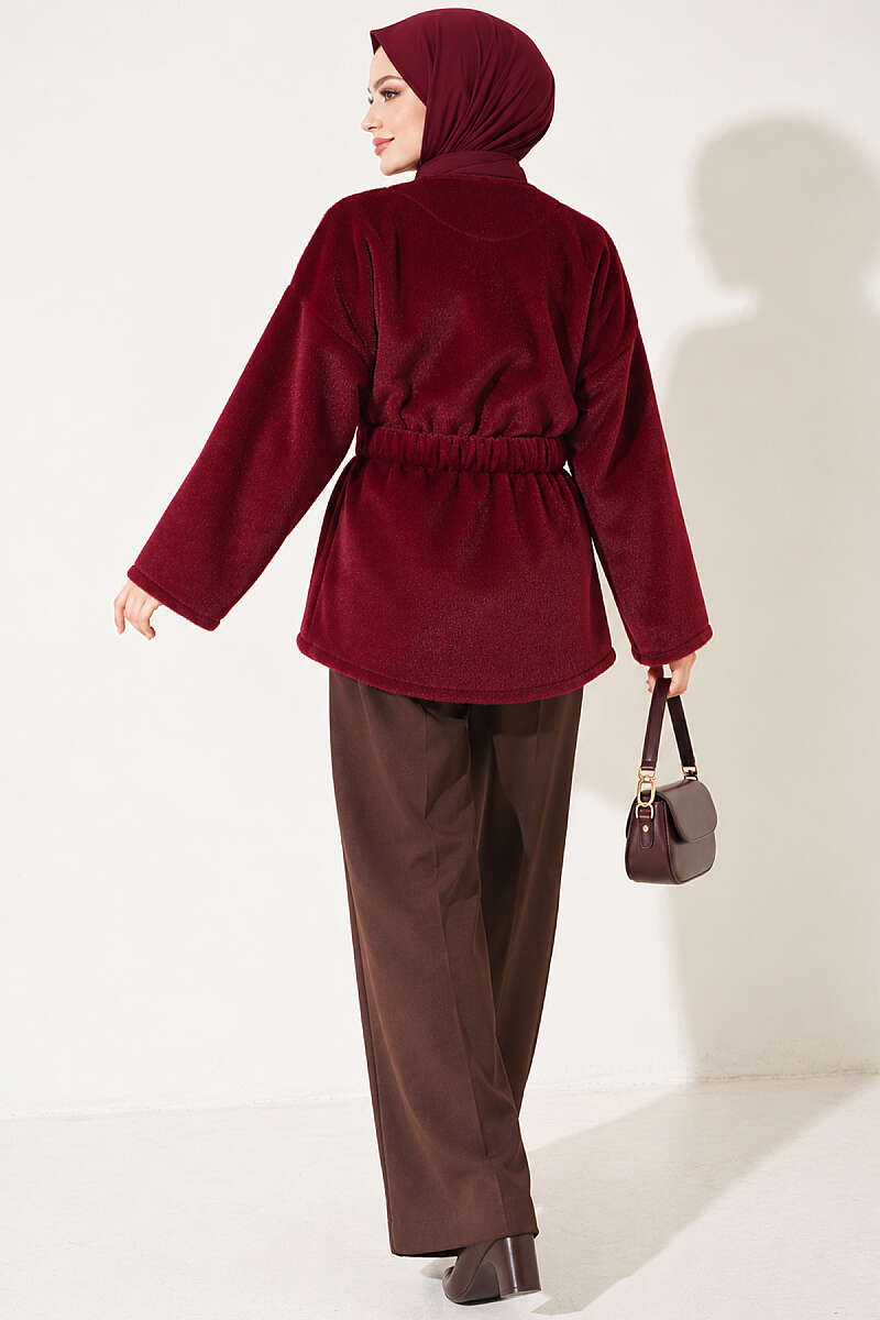 Faux Fur Coat with Flower Buttons - Burgundy
