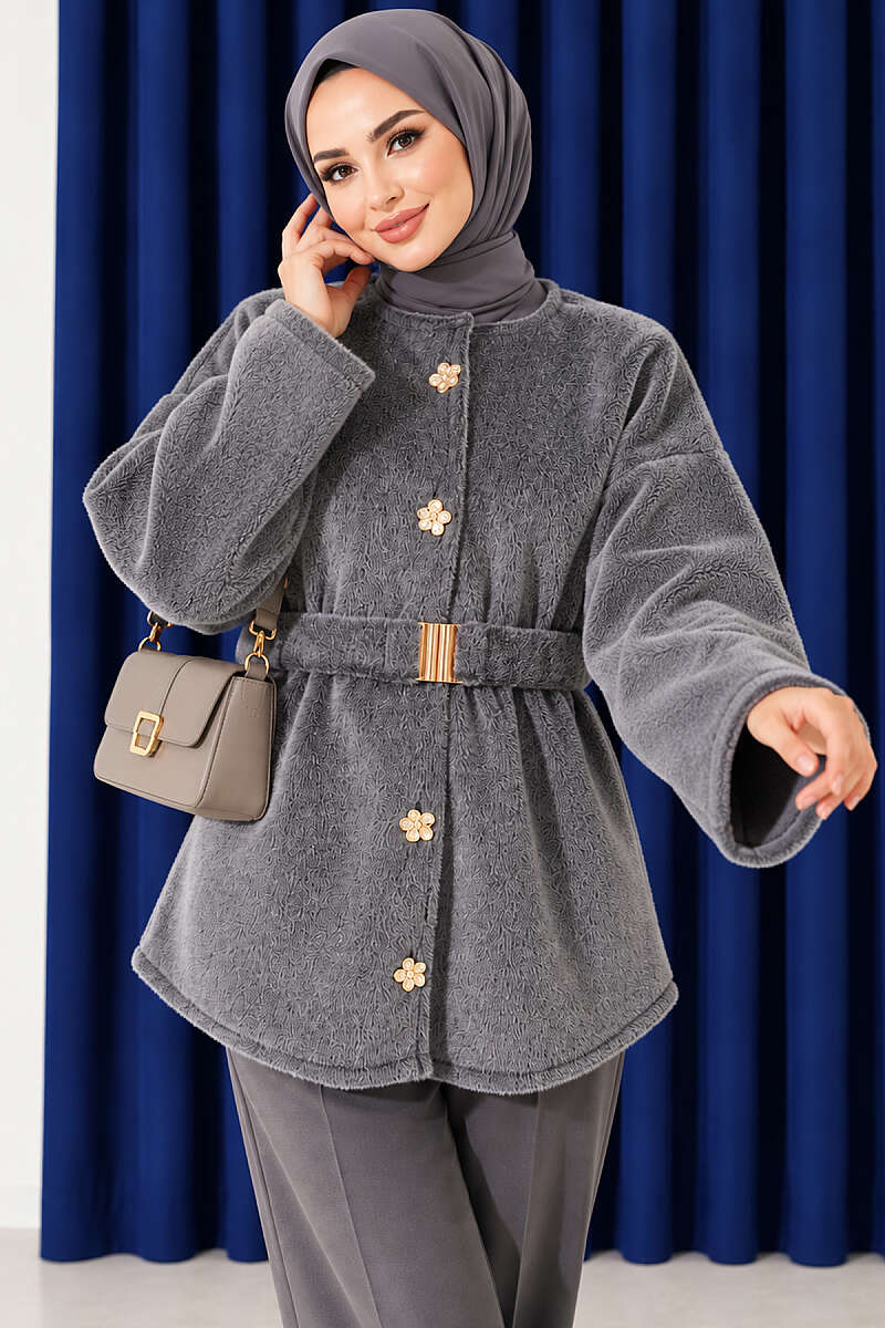 Faux Fur Coat with Flower Buttons - Grey