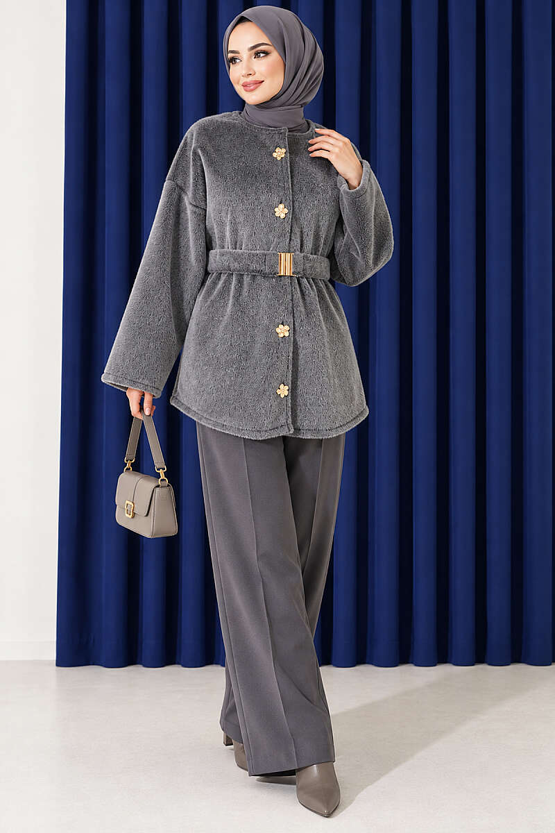 Faux Fur Coat with Flower Buttons - Grey