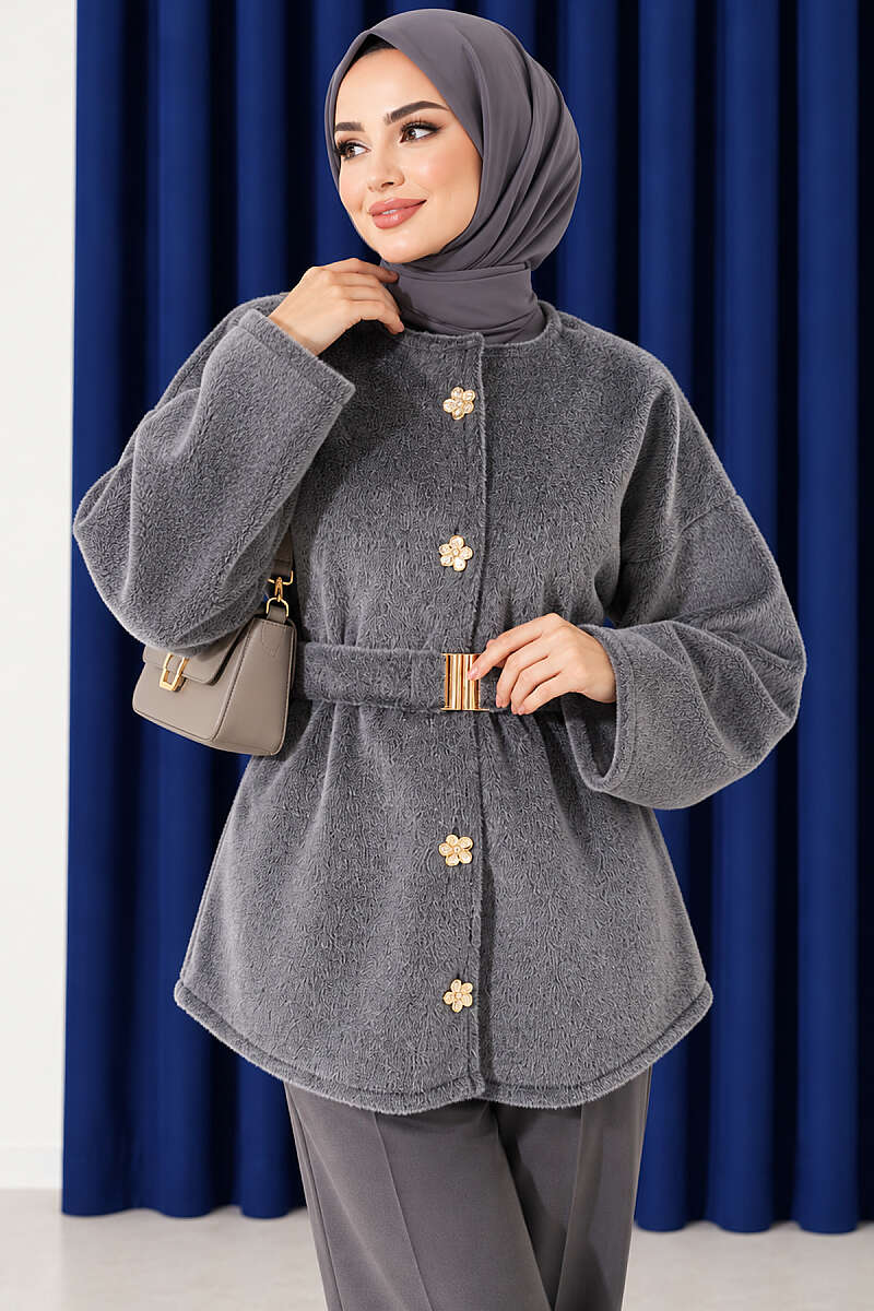 Faux Fur Coat with Flower Buttons - Grey