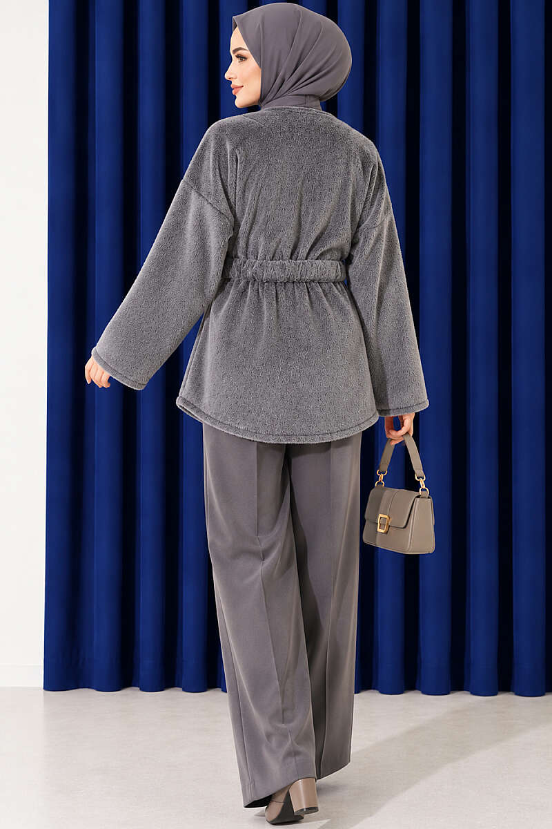 Faux Fur Coat with Flower Buttons - Grey