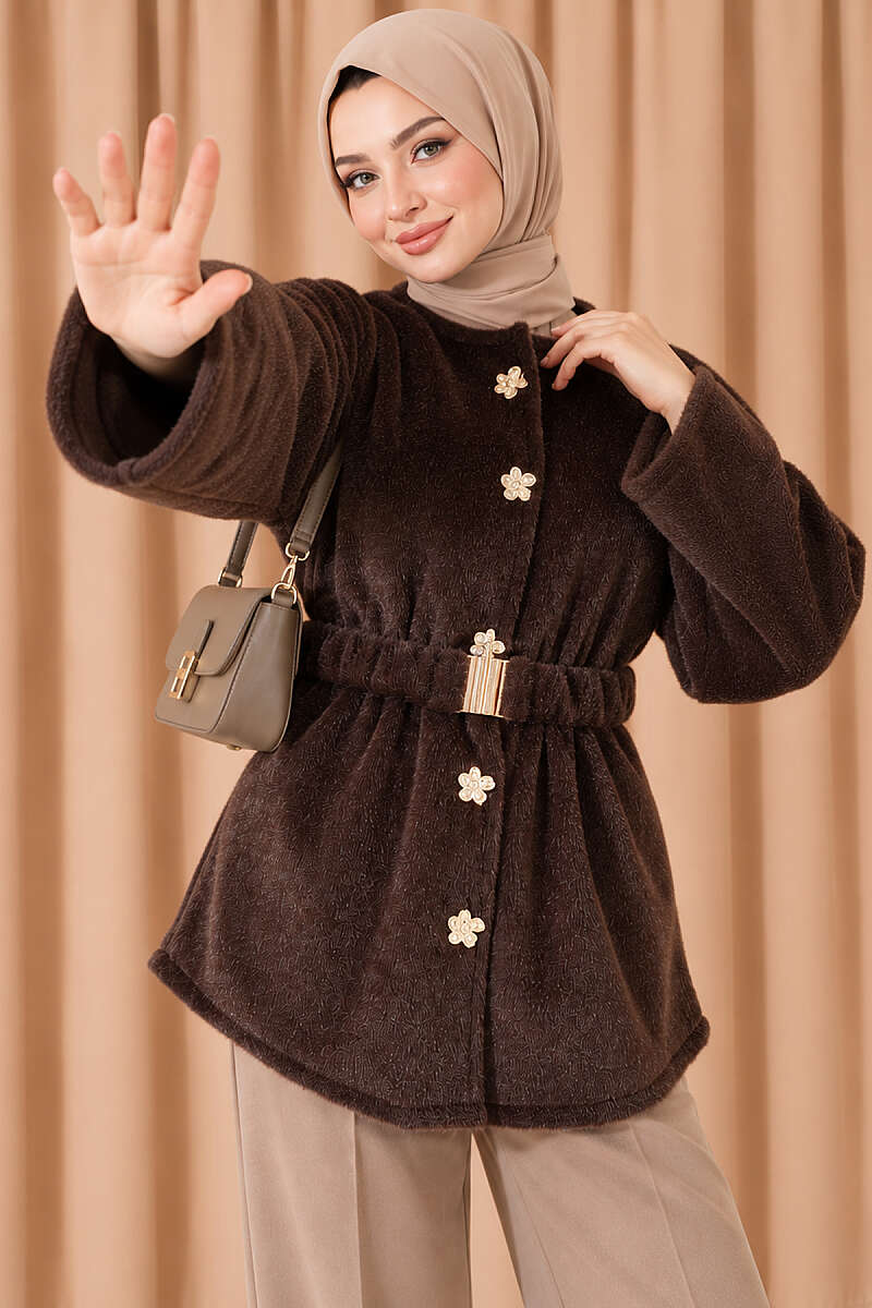 Faux Fur Coat with Flower Buttons - Brown