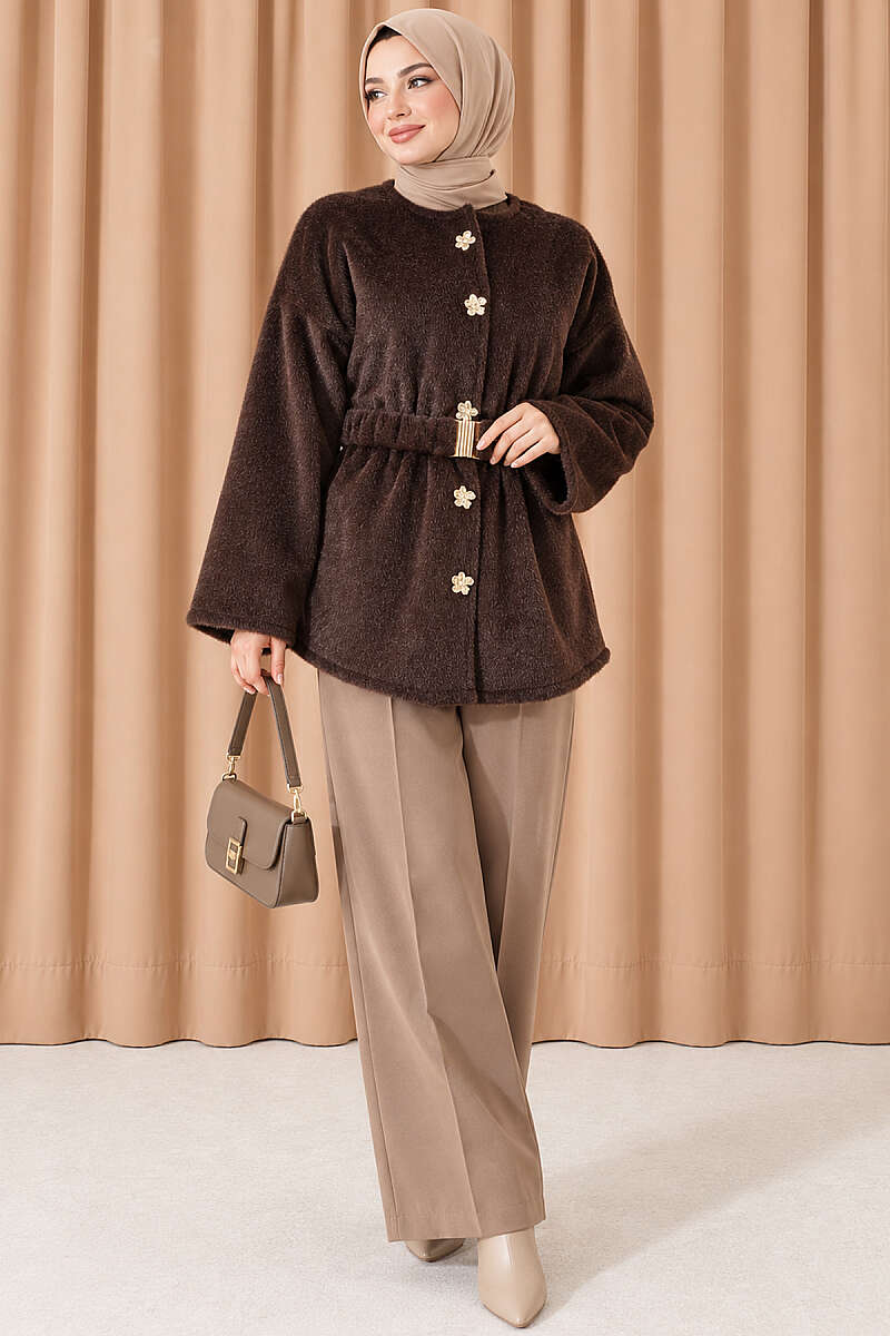 Faux Fur Coat with Flower Buttons - Brown