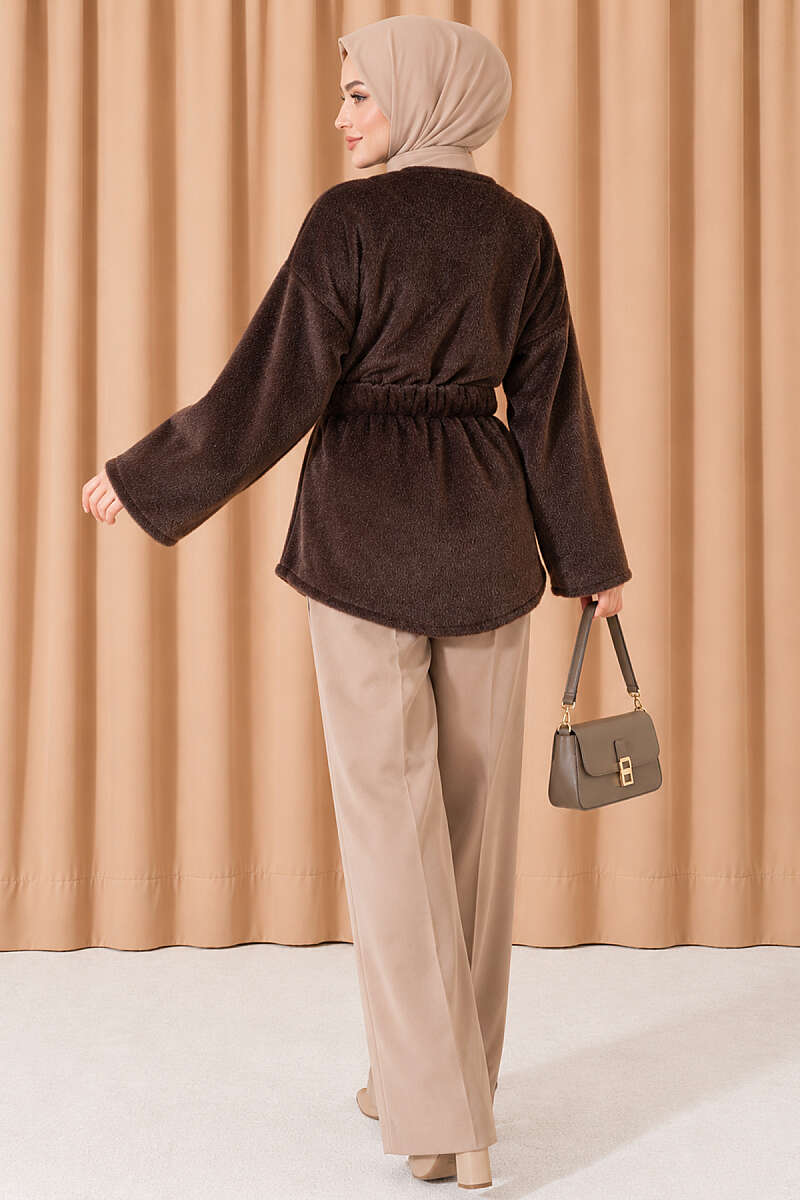 Faux Fur Coat with Flower Buttons - Brown