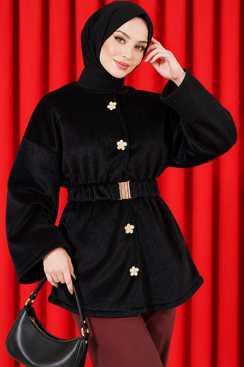 Faux Fur Coat with Flower Buttons - Black