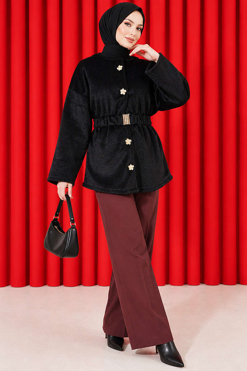 Faux Fur Coat with Flower Buttons - Black