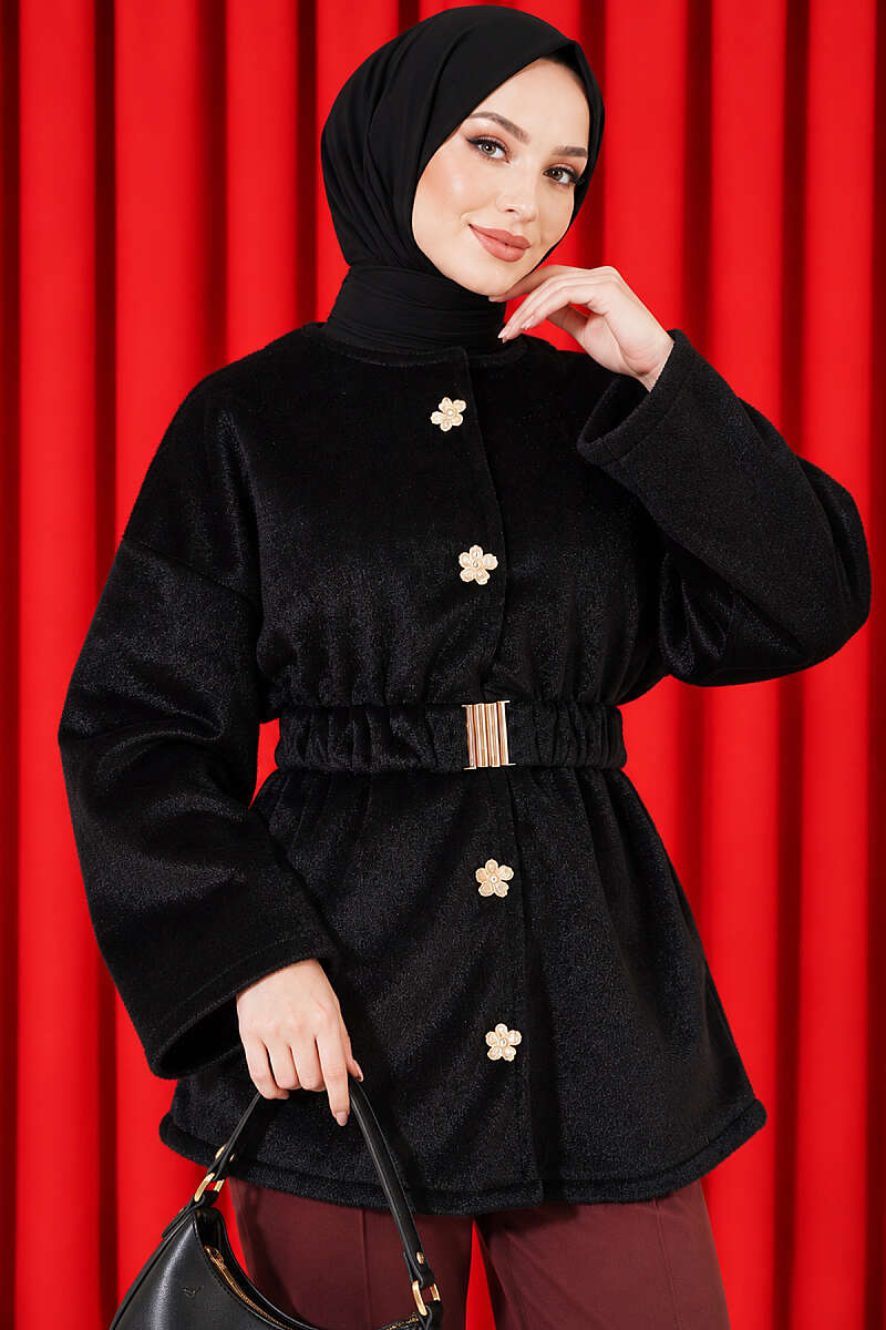 Faux Fur Coat with Flower Buttons - Black