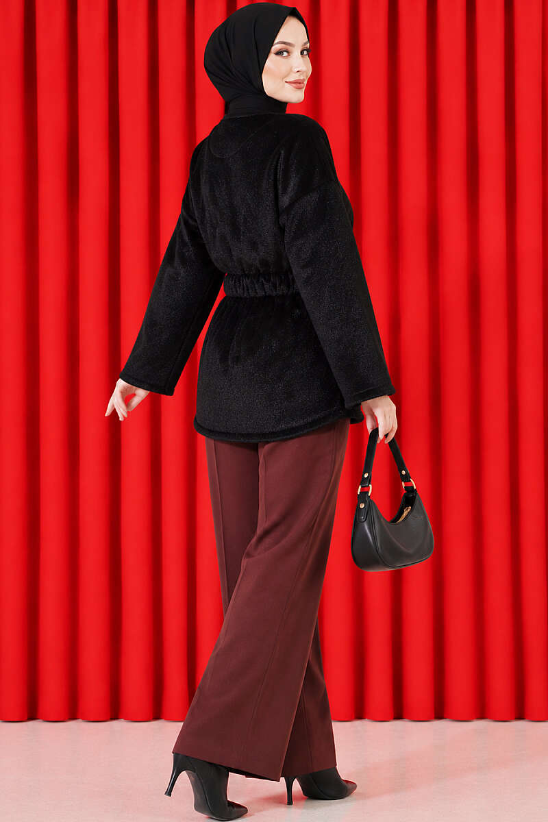 Faux Fur Coat with Flower Buttons - Black