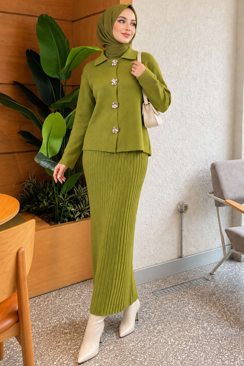 Floral Gold-Button Knit Skirt Set - Almond Green