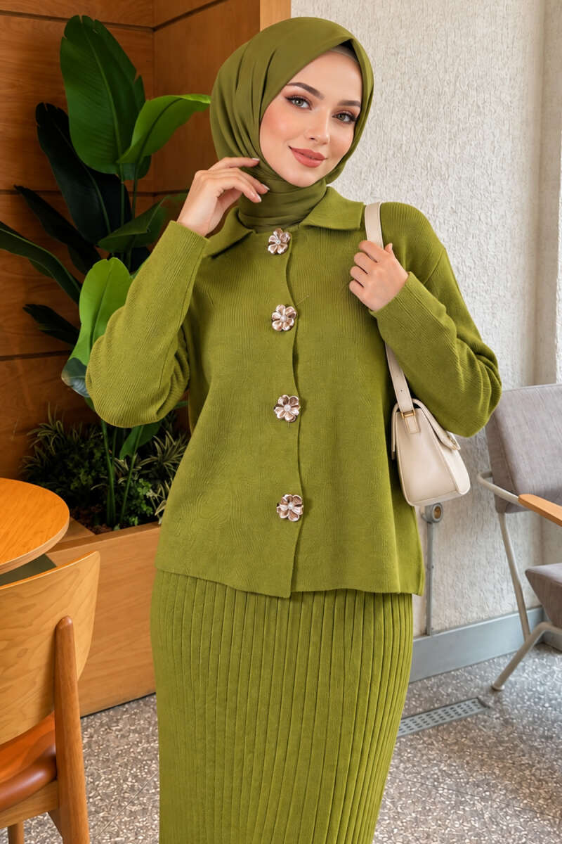 Floral Gold-Button Knit Skirt Set - Almond Green