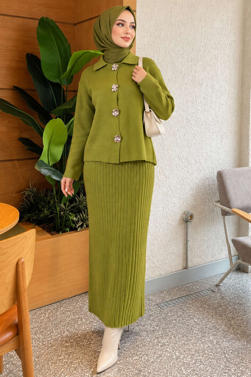 Floral Gold-Button Knit Skirt Set - Almond Green