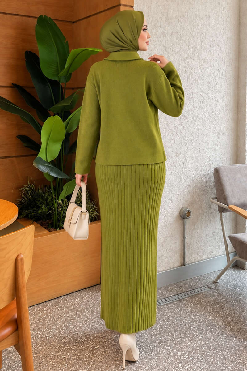 Floral Gold-Button Knit Skirt Set - Almond Green