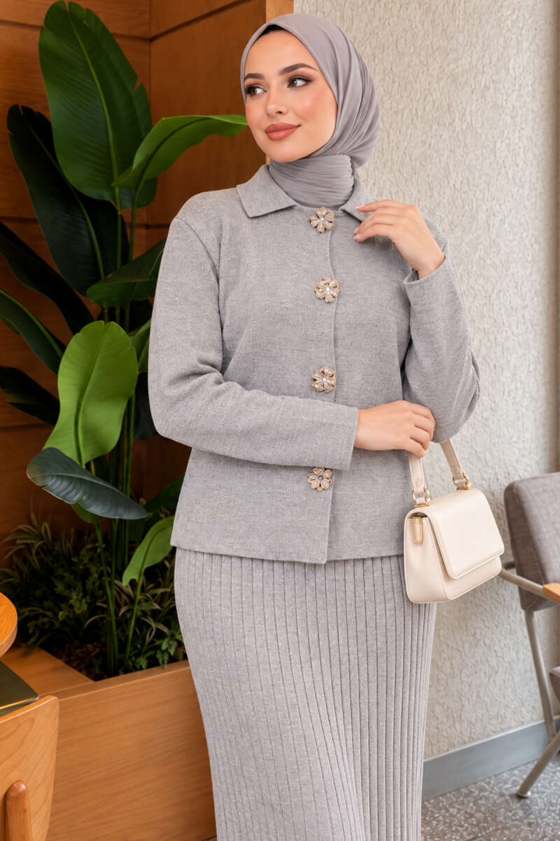 Floral Gold-Button Knit Skirt Set - Grey