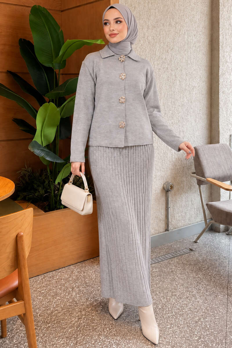 Floral Gold-Button Knit Skirt Set - Grey