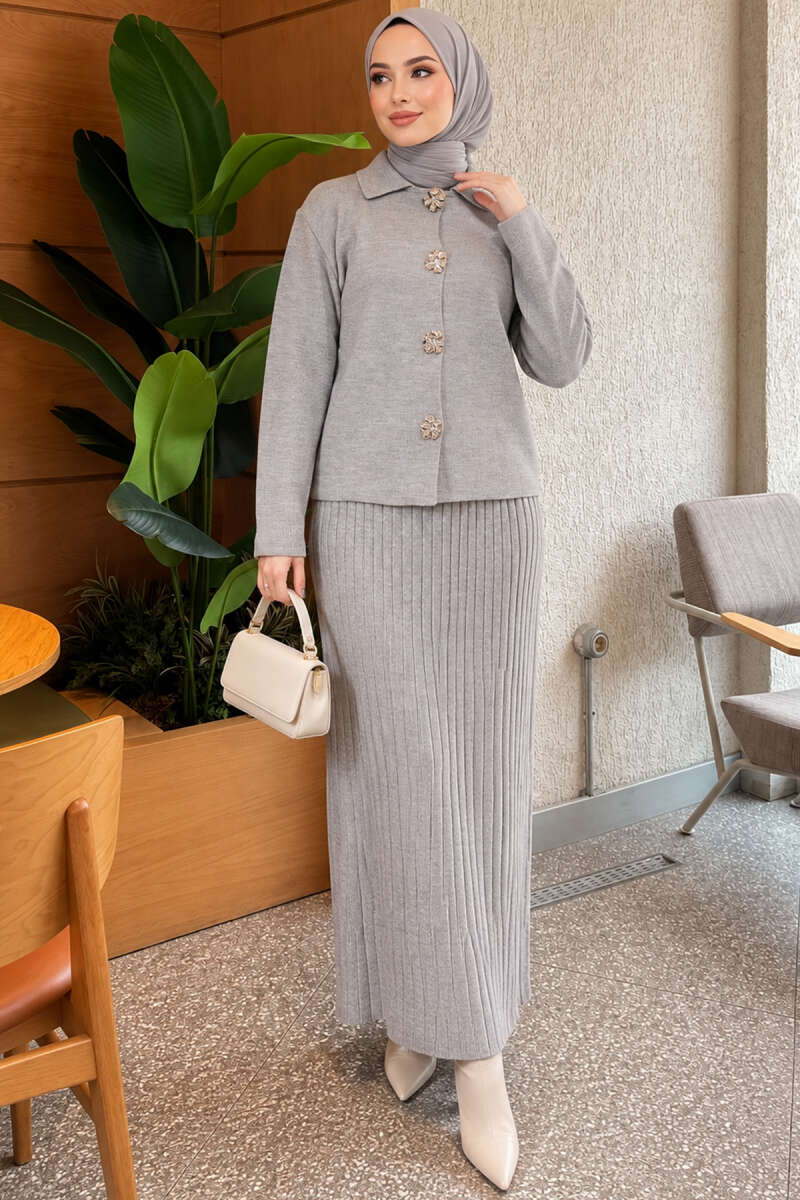 Floral Gold-Button Knit Skirt Set - Grey