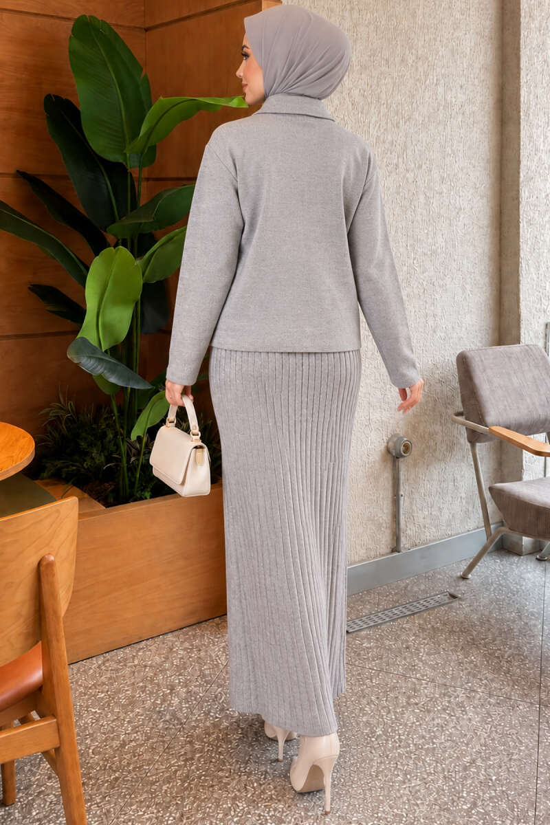 Floral Gold-Button Knit Skirt Set - Grey