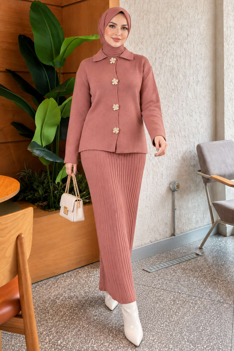 Floral Gold-Button Knit Skirt Set - Dusty Rose