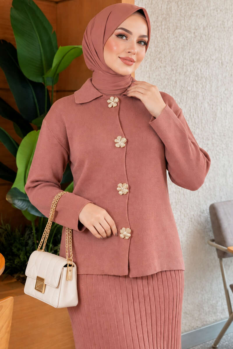 Floral Gold-Button Knit Skirt Set - Dusty Rose