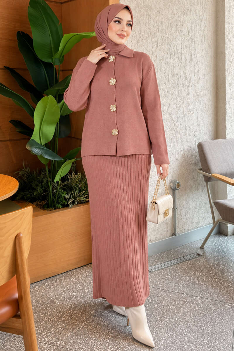 Floral Gold-Button Knit Skirt Set - Dusty Rose