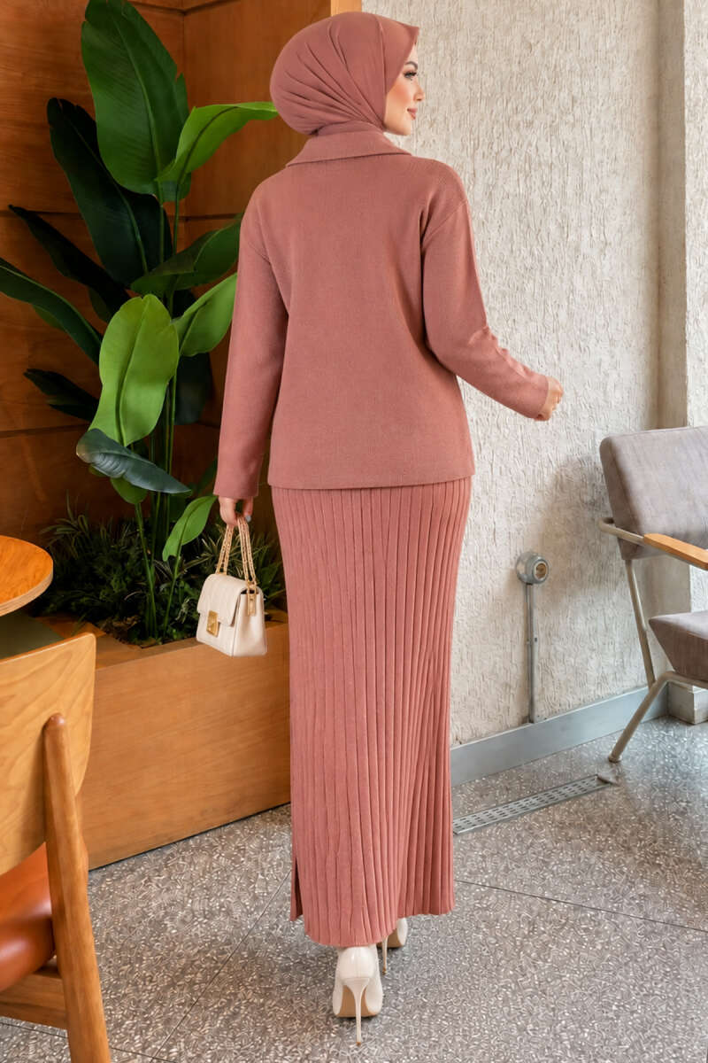 Floral Gold-Button Knit Skirt Set - Dusty Rose