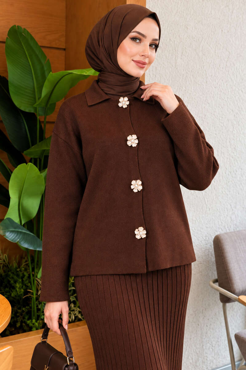 Floral Gold-Button Knit Skirt Set - Brown