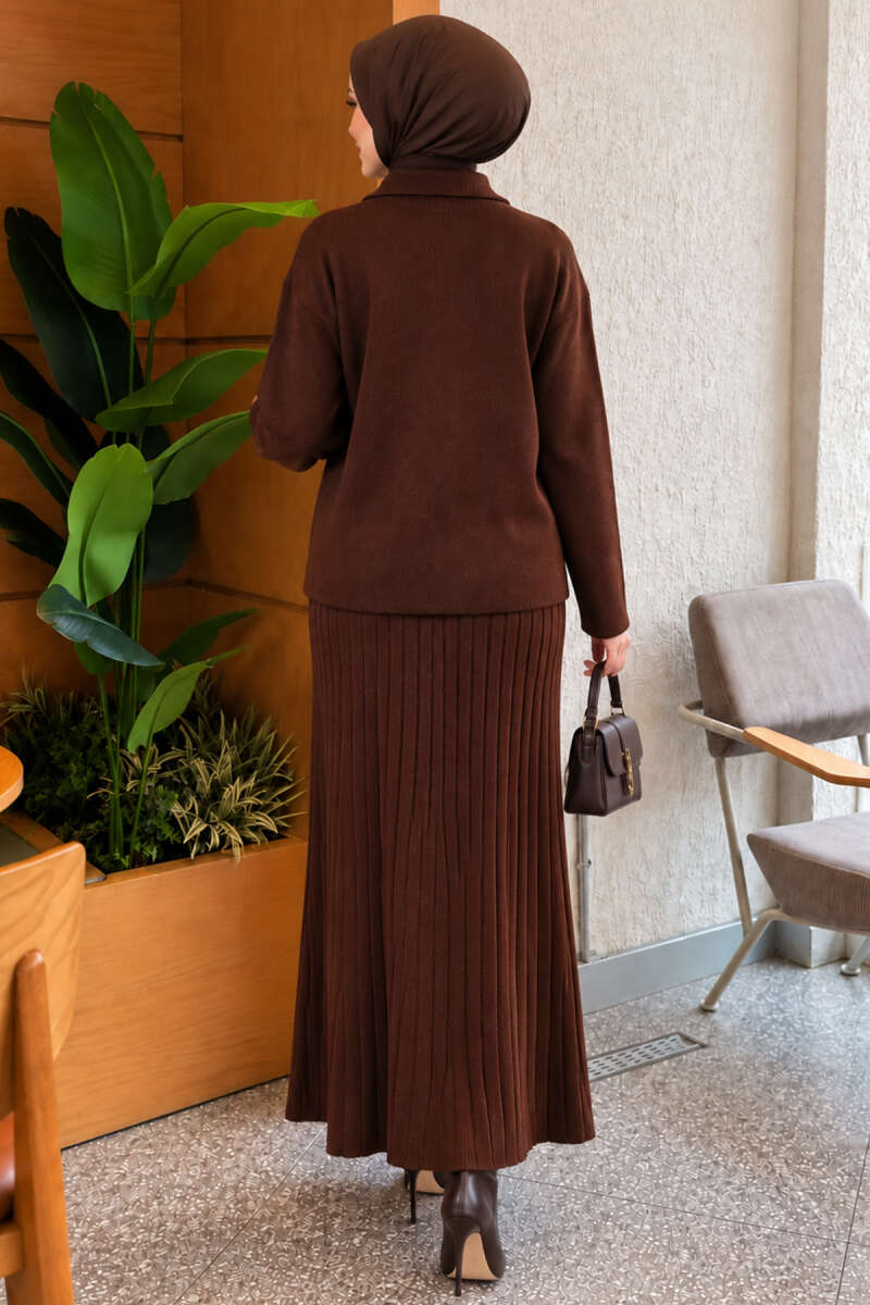 Floral Gold-Button Knit Skirt Set - Brown
