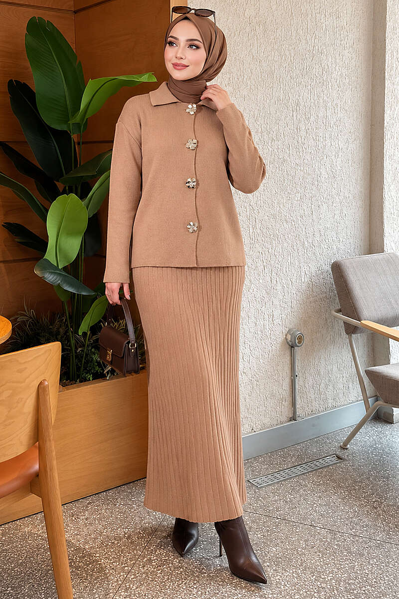 Floral Gold-Button Knit Skirt Set - Latte