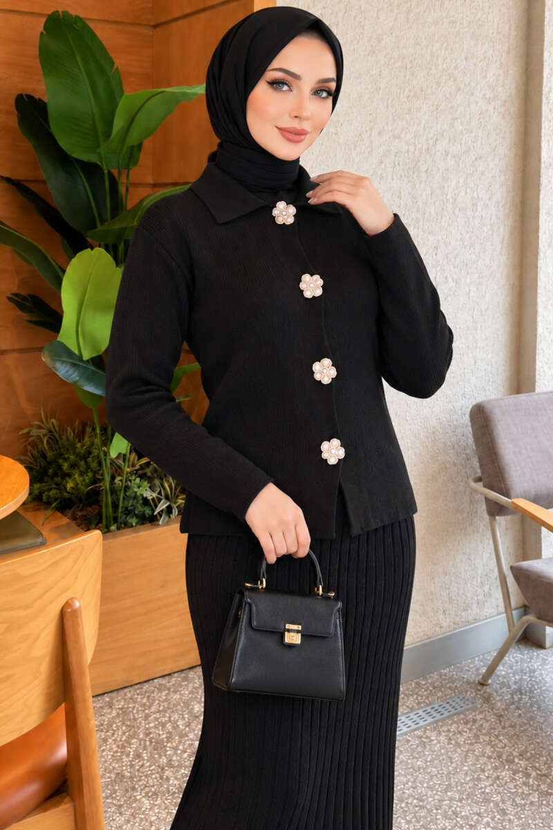 Floral Gold-Button Knit Skirt Set - Black