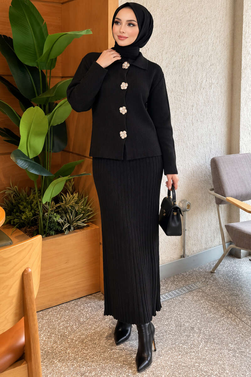 Floral Gold-Button Knit Skirt Set - Black