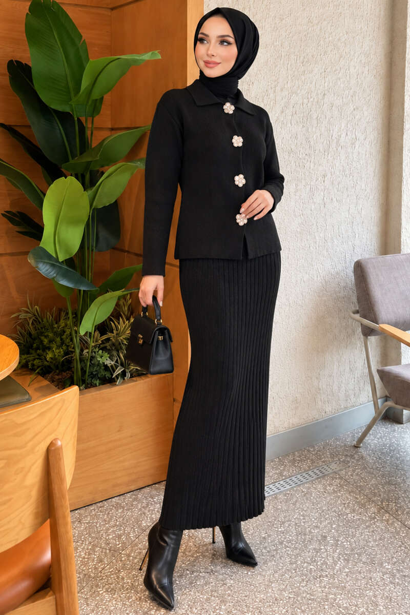 Floral Gold-Button Knit Skirt Set - Black