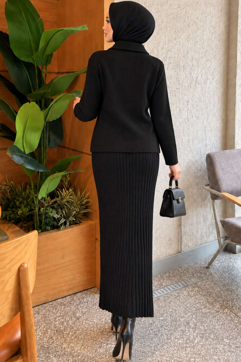 Floral Gold-Button Knit Skirt Set - Black