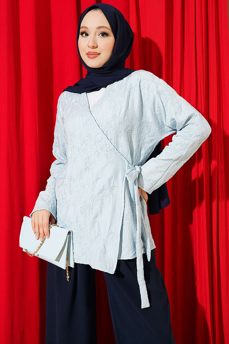 Floral Embroidered Kimono with Tie - Light Blue