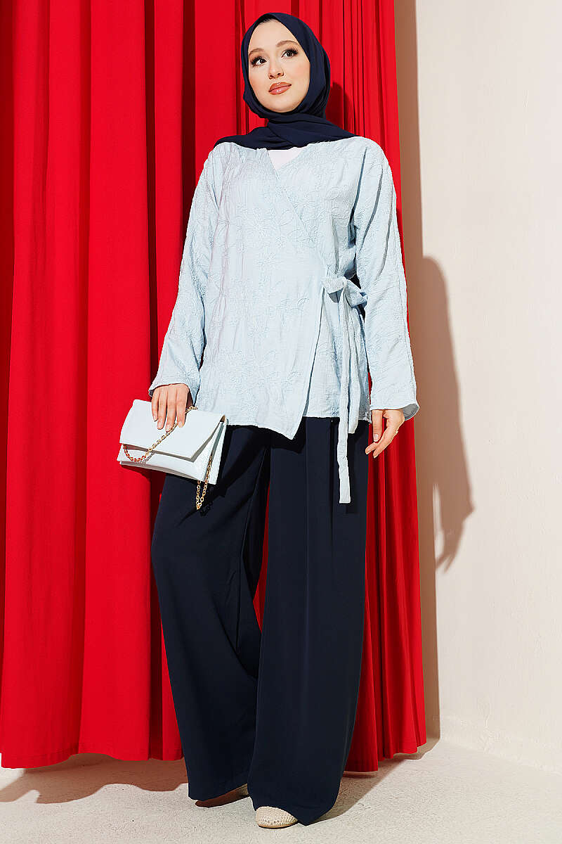 Floral Embroidered Kimono with Tie - Light Blue