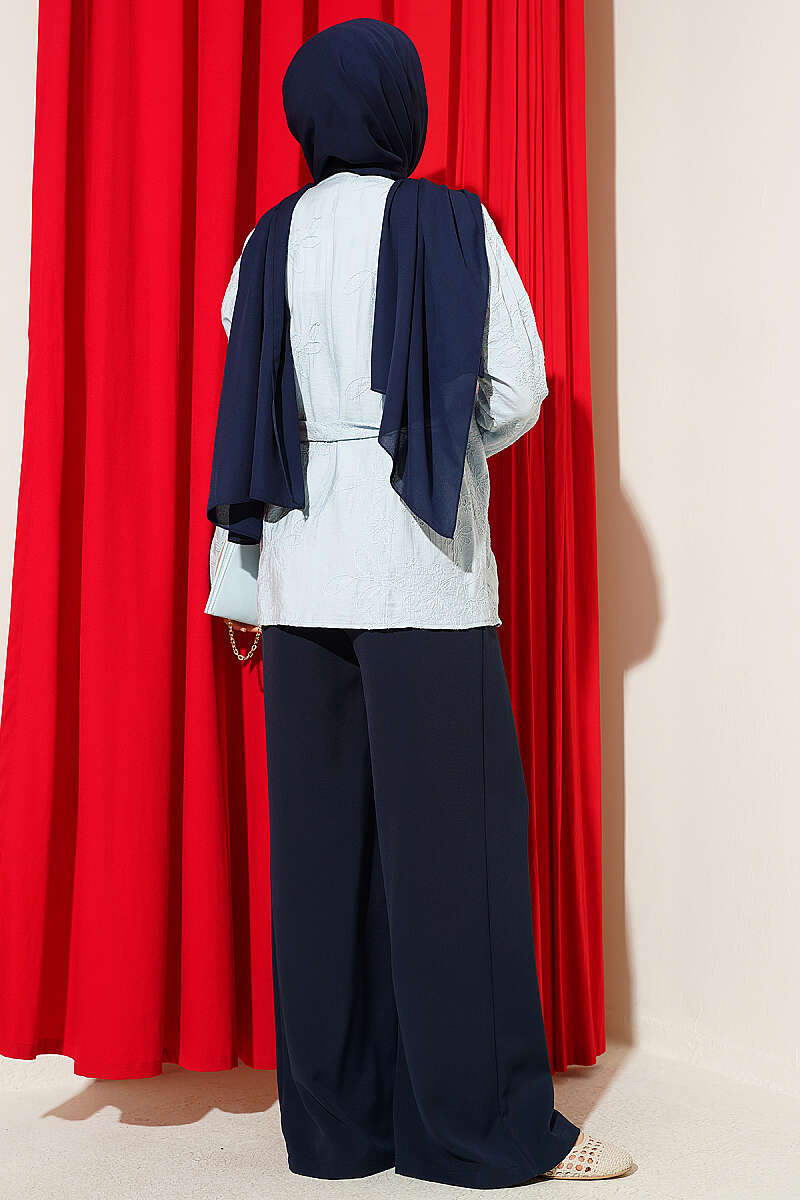 Floral Embroidered Kimono with Tie - Light Blue