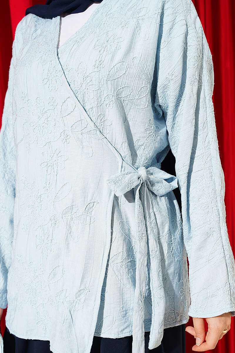 Floral Embroidered Kimono with Tie - Light Blue