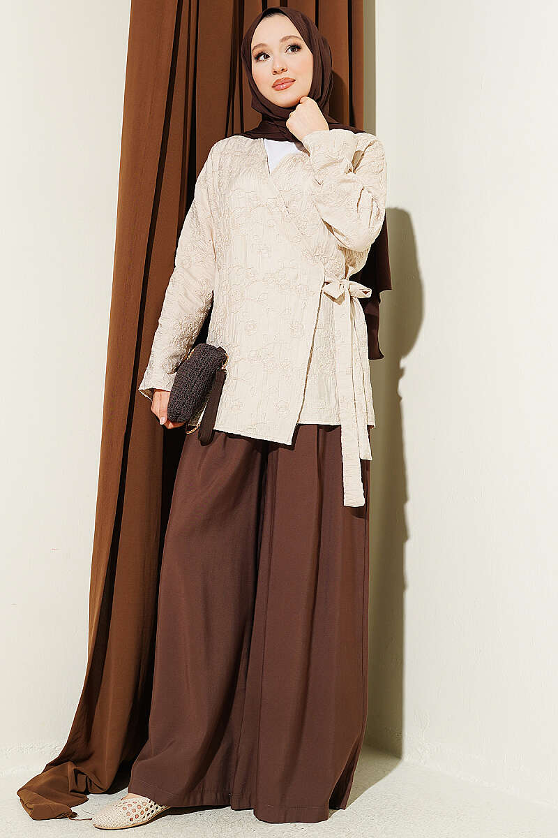 Floral Embroidered Kimono with Tie - Beige