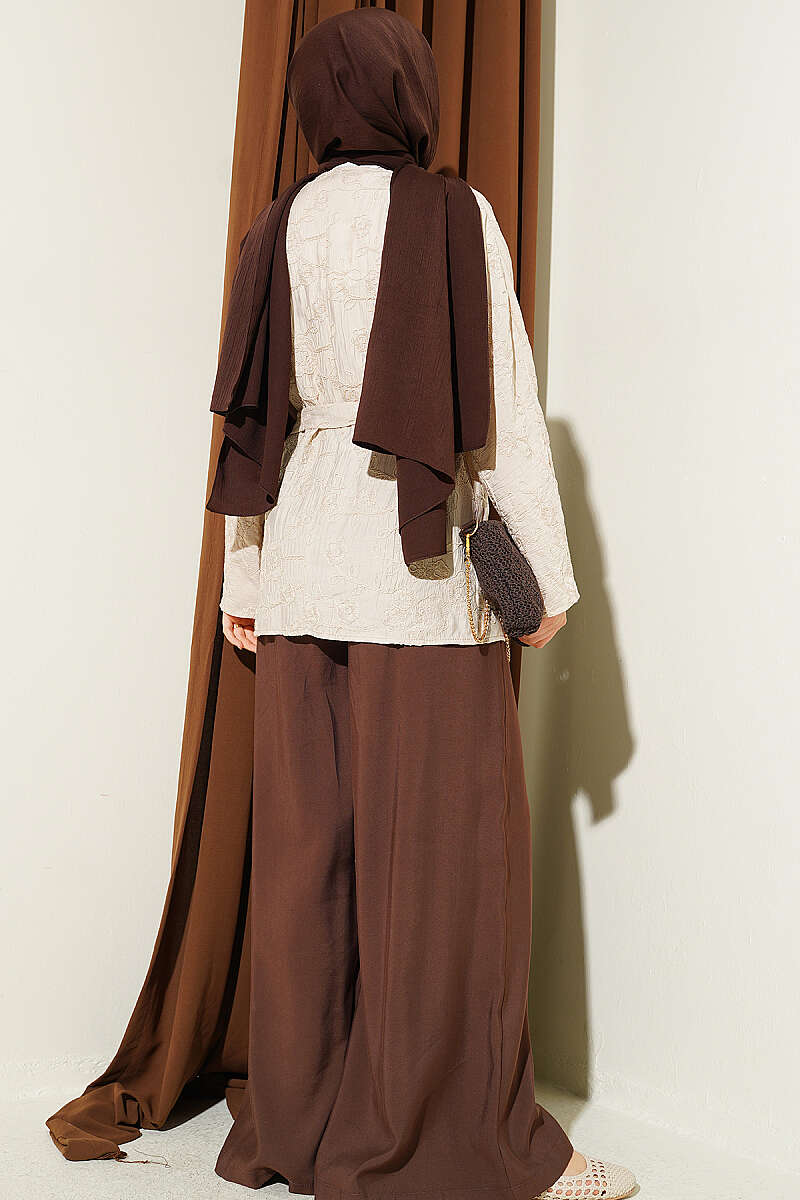 Floral Embroidered Kimono with Tie - Beige